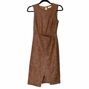 NWT Nordstrom Flattering Vegan Leather Sheath Dress + Slit in Camel Beige SZ S